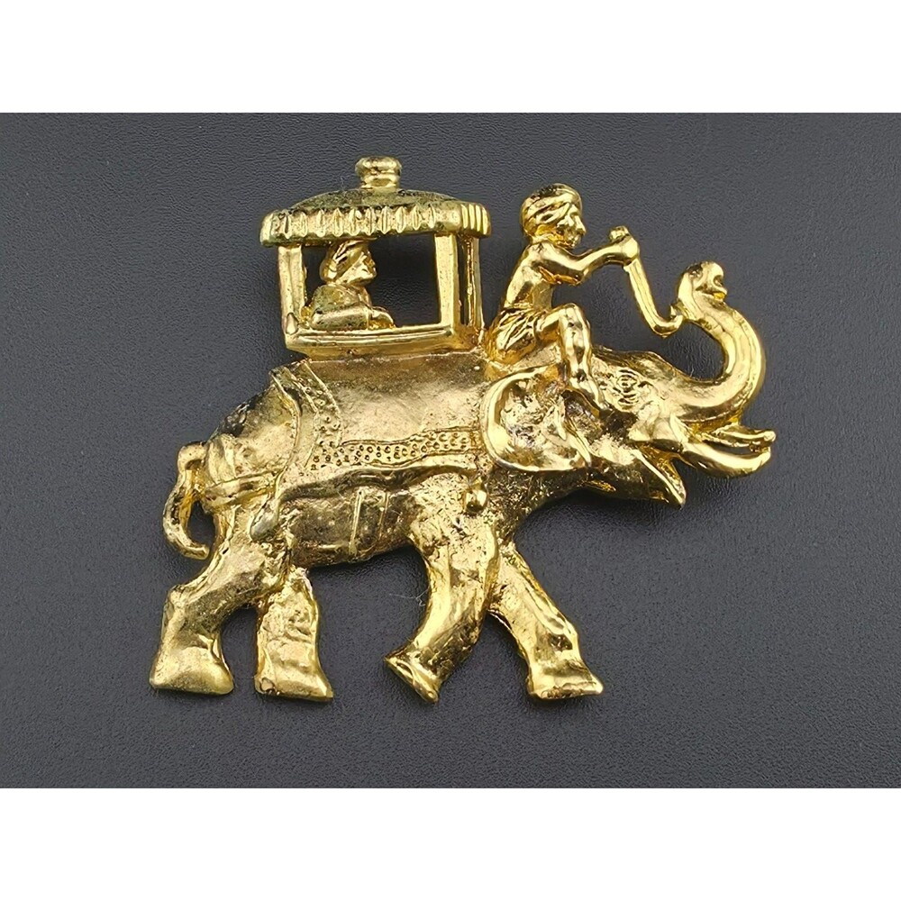 Vintage Signed Lisner Elephant Carrying Man Brooch Pin Gold Tone 2.5"